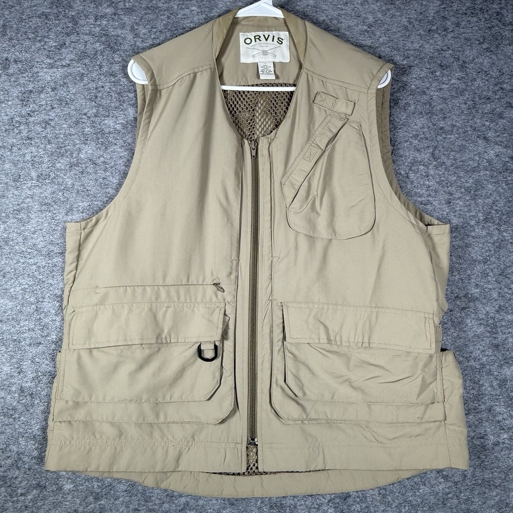 Orvis Fly Fishing Vest Men L Multi-Pocket Nylon Tan Solid